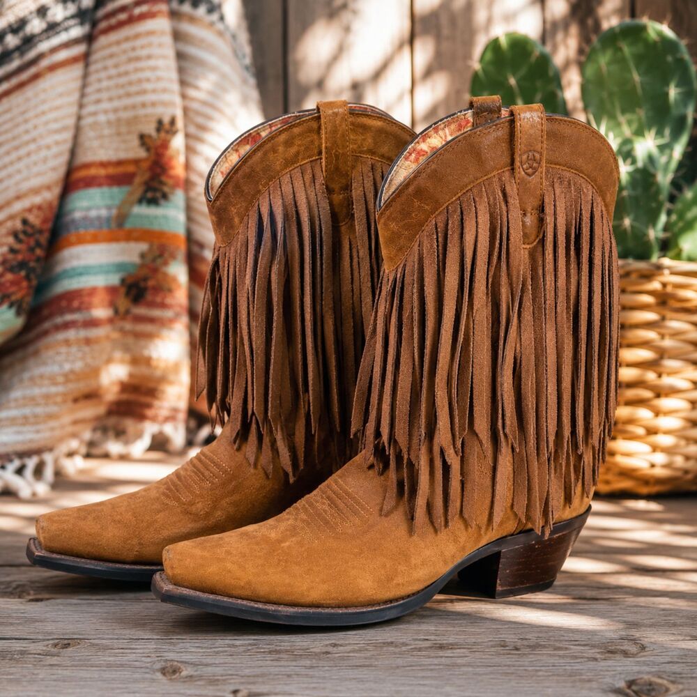 Ariat Gold Rush Fringe Western Boots Rustic Bark Suede Snip Toe Women's 10B